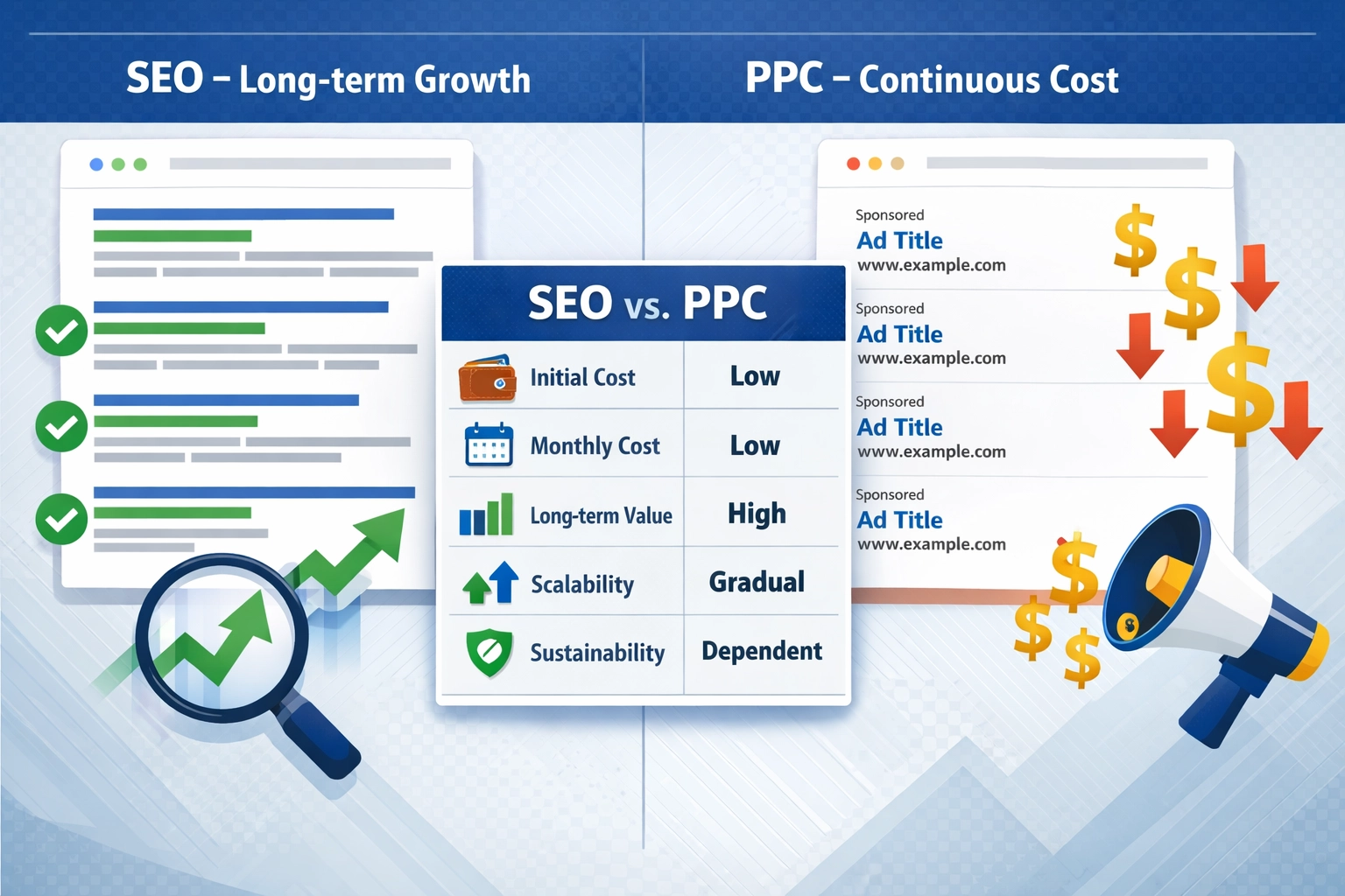 Infographie comparant SEO et PPC, illustrant les différences de coûts et de valeur