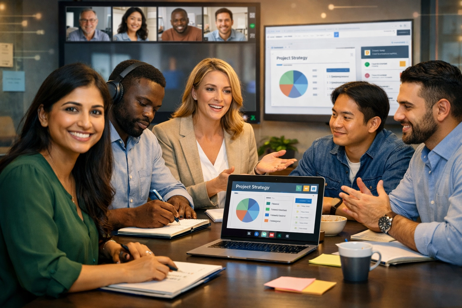 Des partenaires affiliés diversifiés en réunion virtuelle collaborative, engagés dans le travail d’équipe