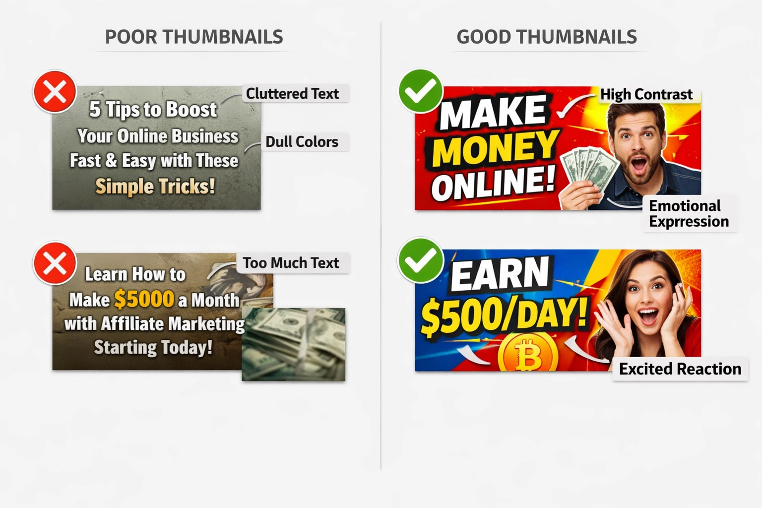 Comparaison de miniatures YouTube montrant de bons et mauvais exemples annotés