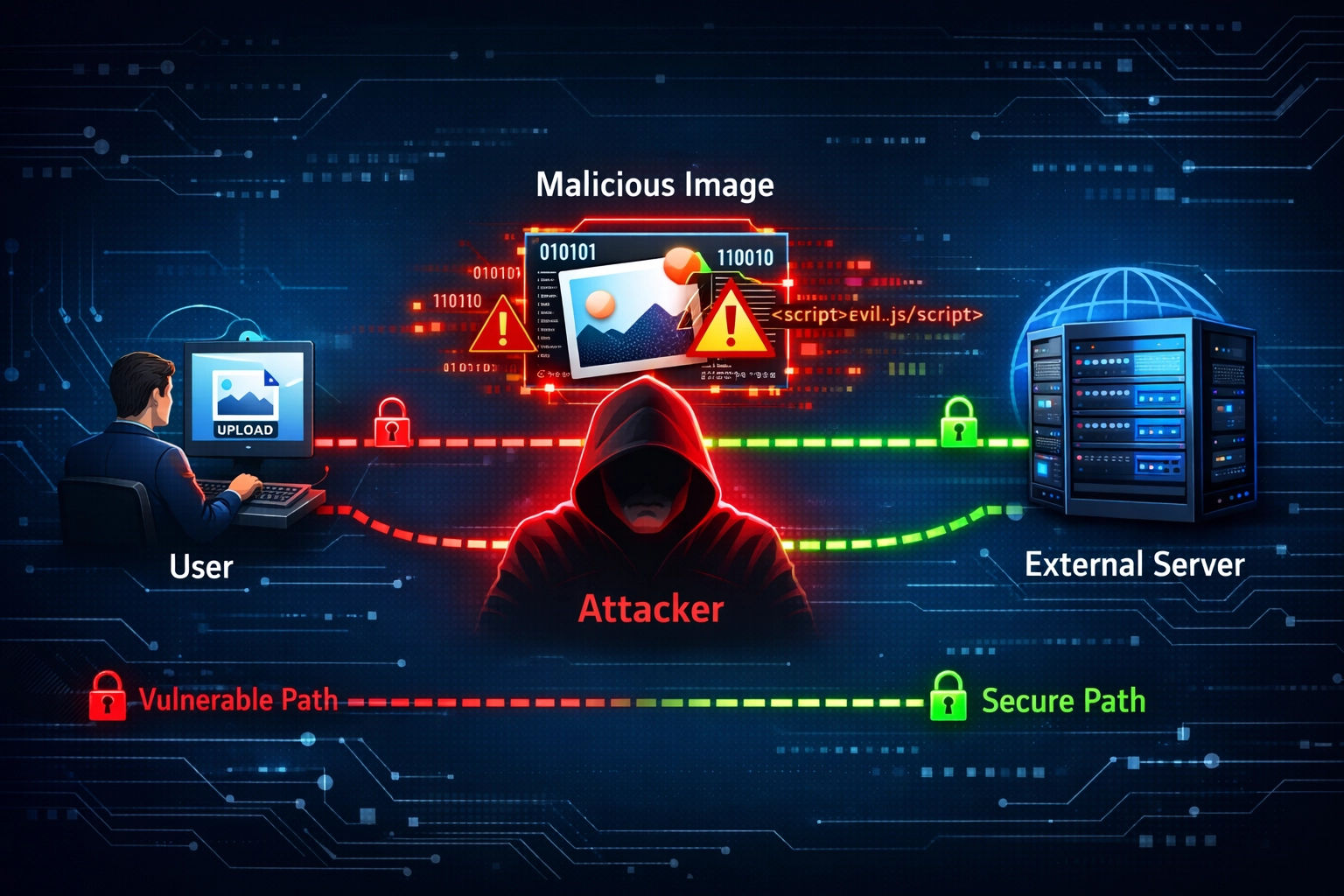 Attaque man-in-the-middle sur les téléchargements d’images par URL, illustrant un attaquant interceptant des images malveillantes