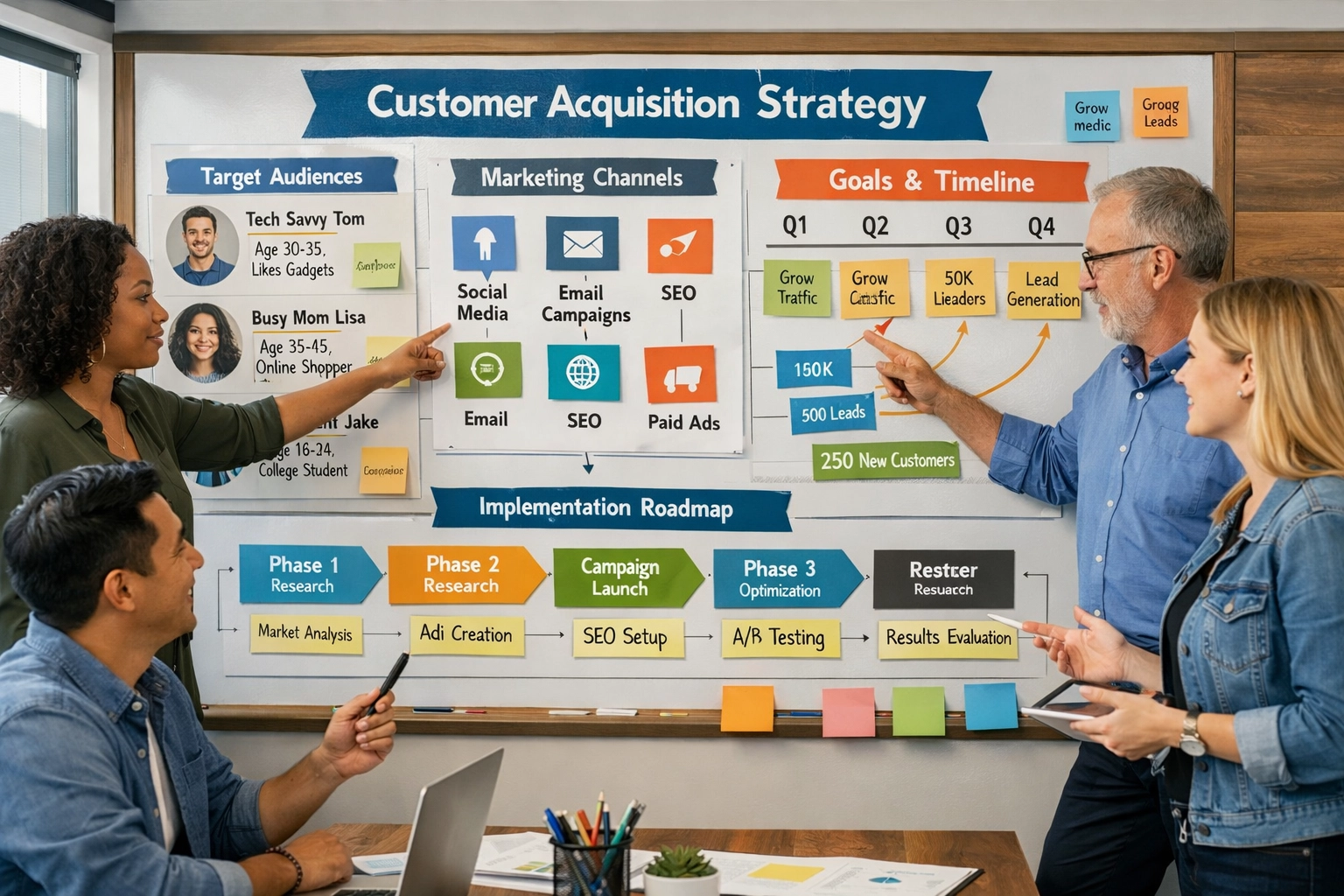 Team collaborating on customer acquisition strategy