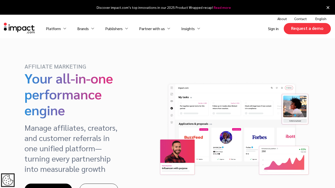 Interface de la plateforme Impact montrant automatisation des partenariats et analyses