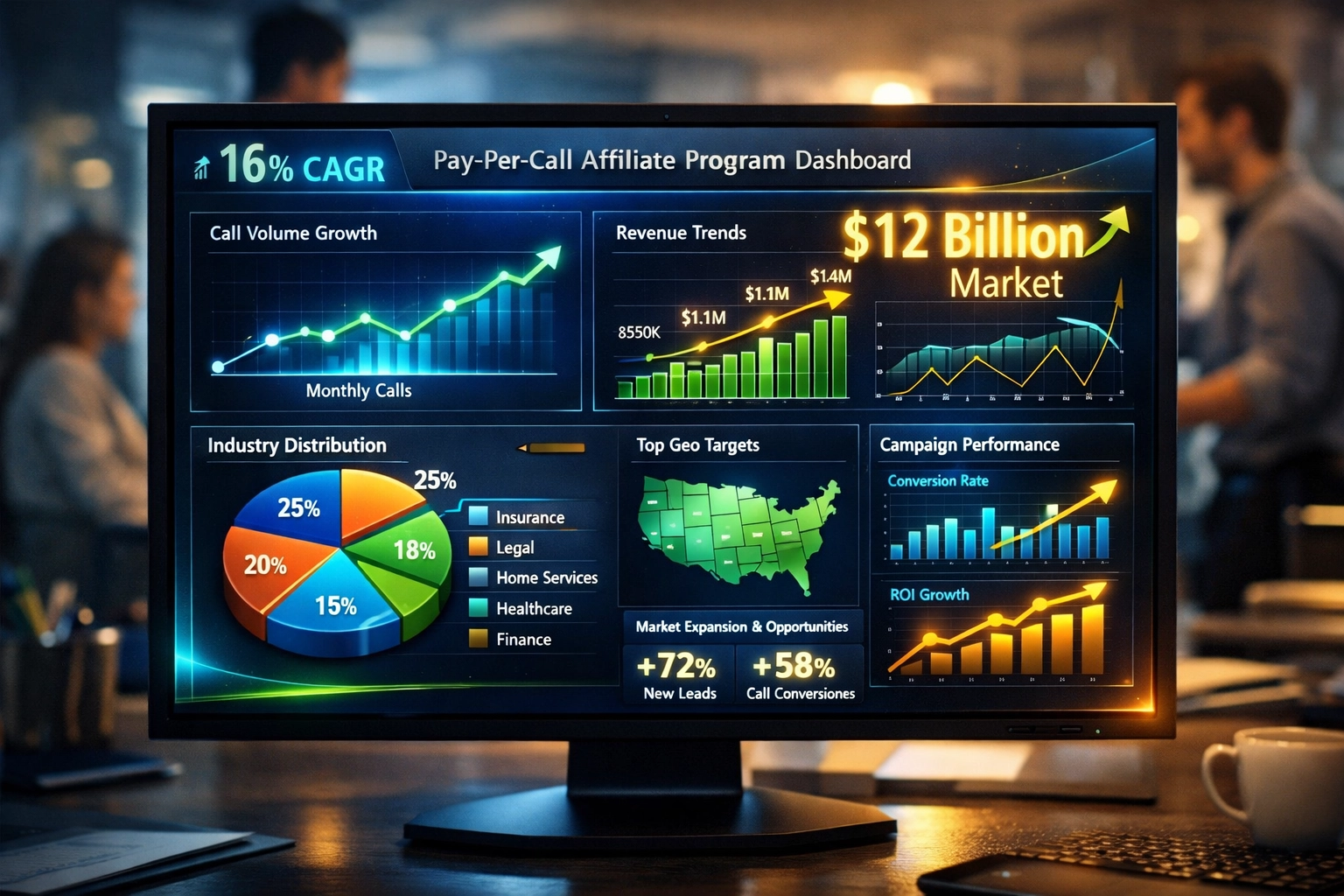 Tableau de bord de la croissance du marché pay-per-call affichant une projection de 12 milliards $ et 16 % de CAGR