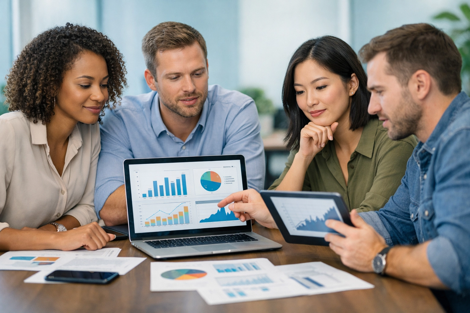 Équipe professionnelle évaluant des programmes d’affiliation sur ordinateurs portables et tablettes