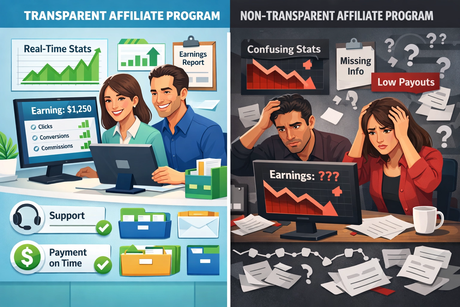 Comparison of transparent vs non-transparent affiliate programs showing benefits and challenges