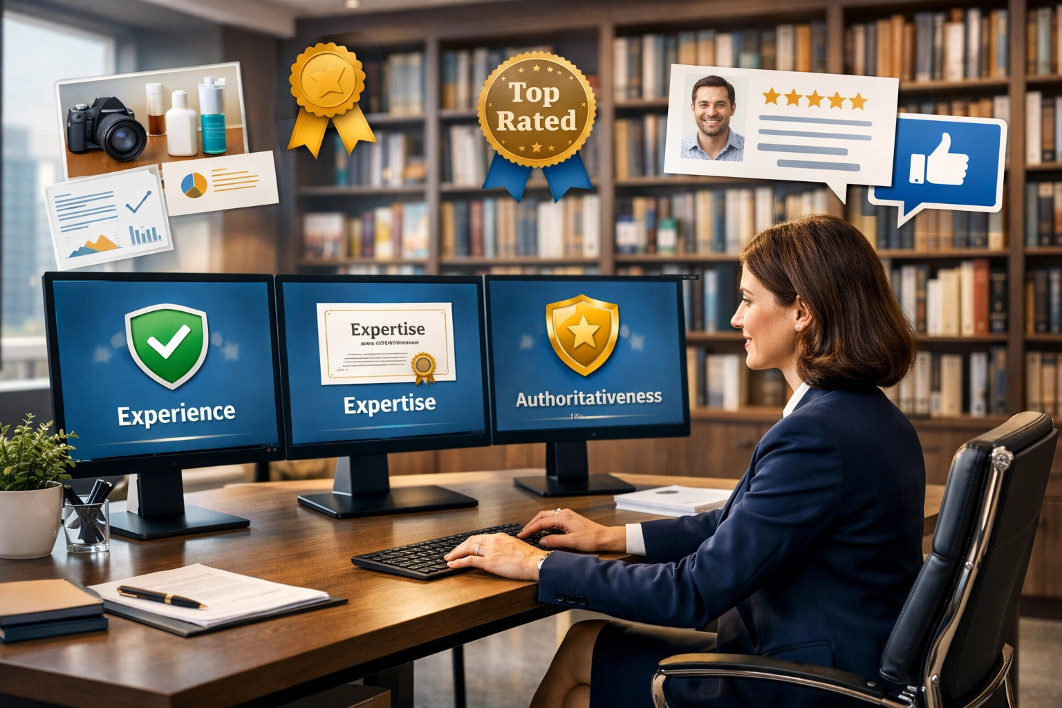 Visualisation des principes E-E-A-T et de la qualité de contenu, illustrant expertise et fiabilité