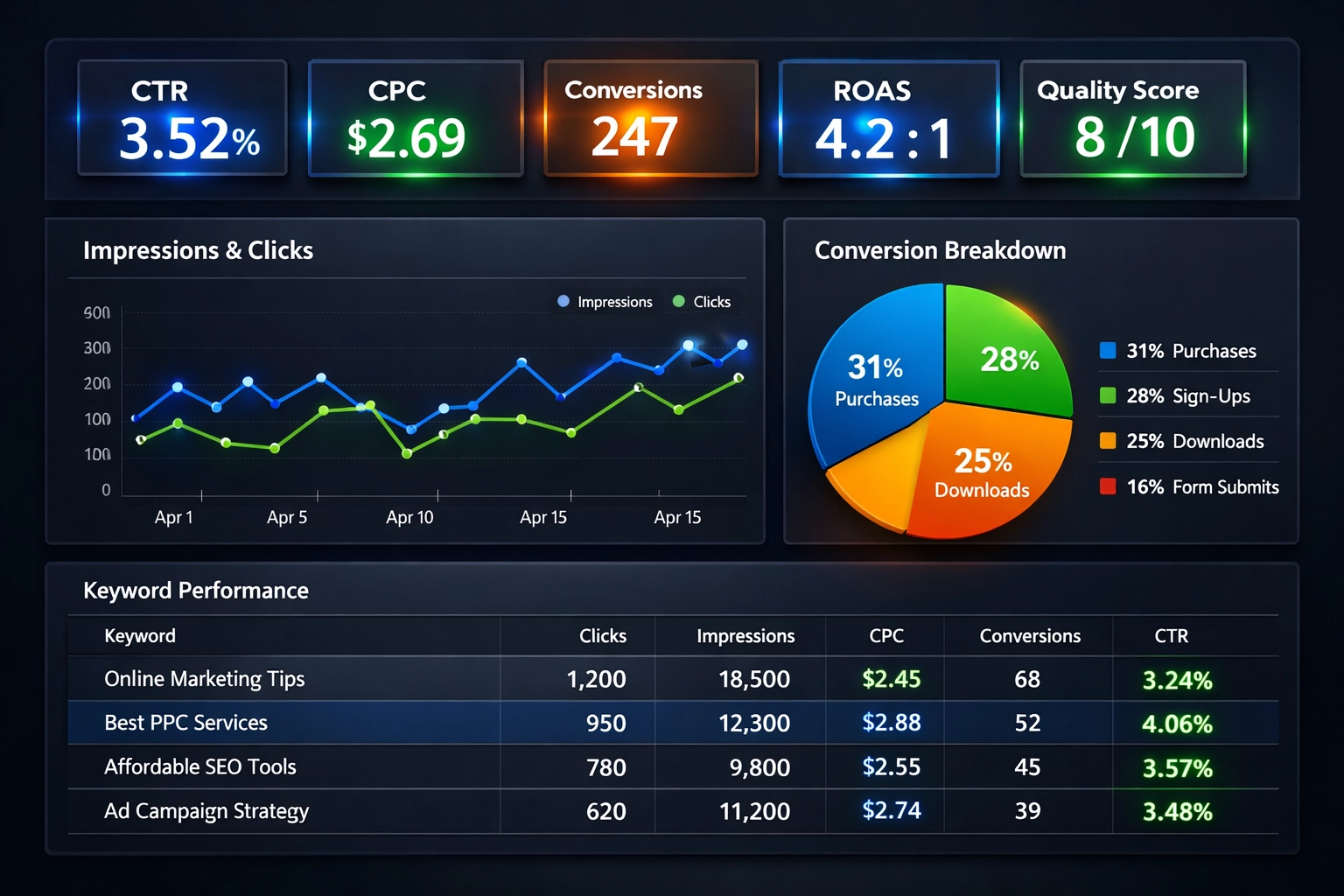 PPC analytics dashboard showing metrics, conversions, and ROI data