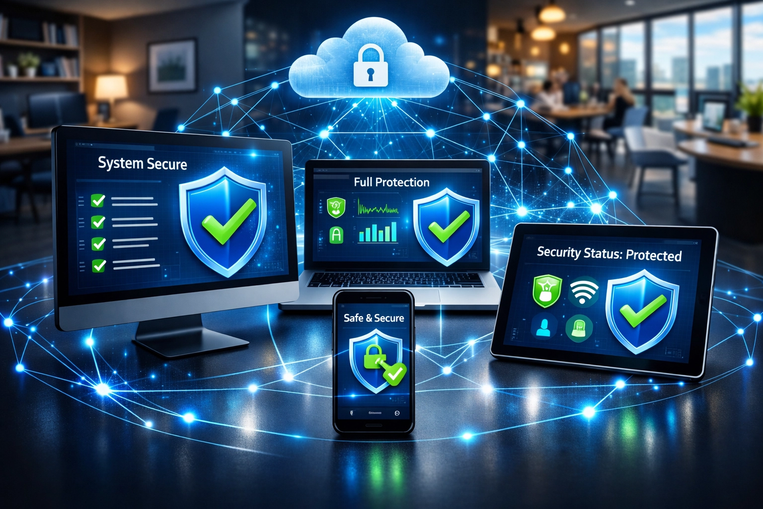 Protection multi-appareils montrant la sécurité pour ordinateur de bureau, portable, mobile et cloud