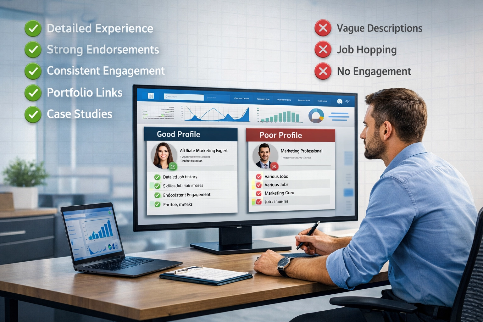 Checklist d’analyse de profil illustrant les signaux positifs et négatifs chez les affiliés