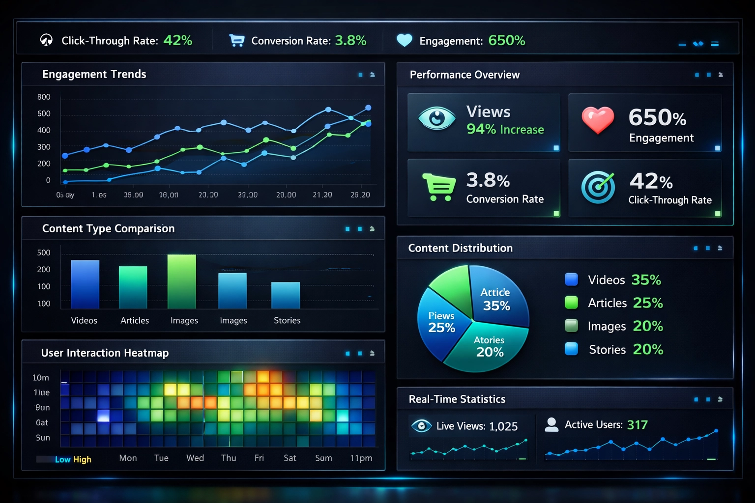 Tableau de bord analytique montrant les indicateurs de performance du contenu visuel, notamment l'engagement, les taux de conversion et les taux de clics