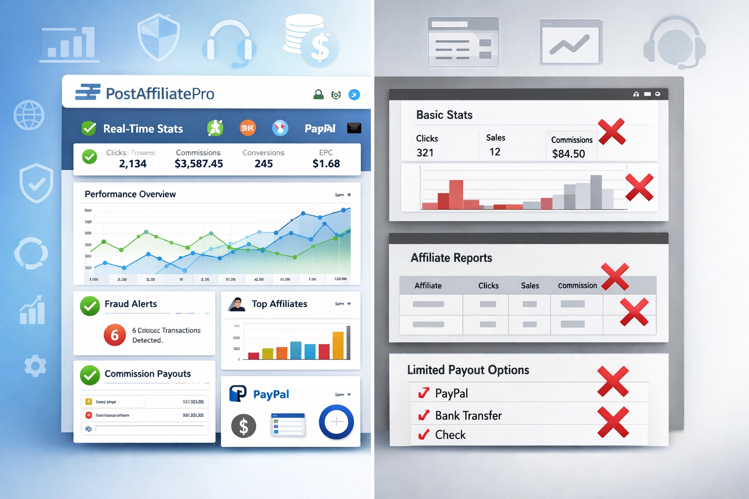 Comparaison de PostAffiliatePro avec d'autres logiciels concurrents de marketing d'affiliation