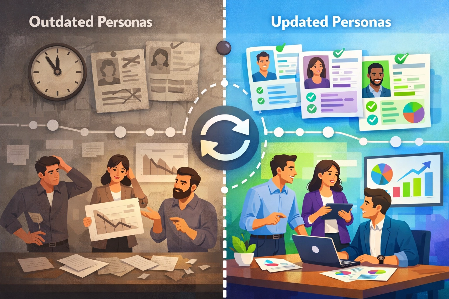 Comparaison entre des personas d'acheteurs mis à jour et obsolètes montrant la différence de précision des données et d'alignement business