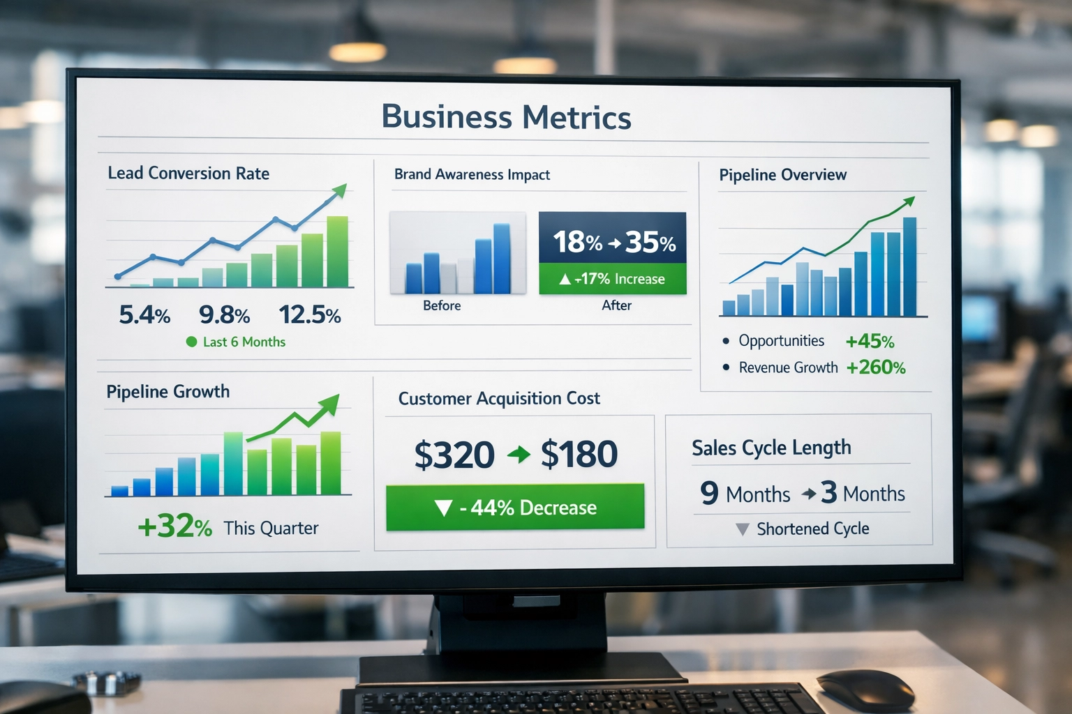 Business analytics dashboard showing metrics and KPI improvements