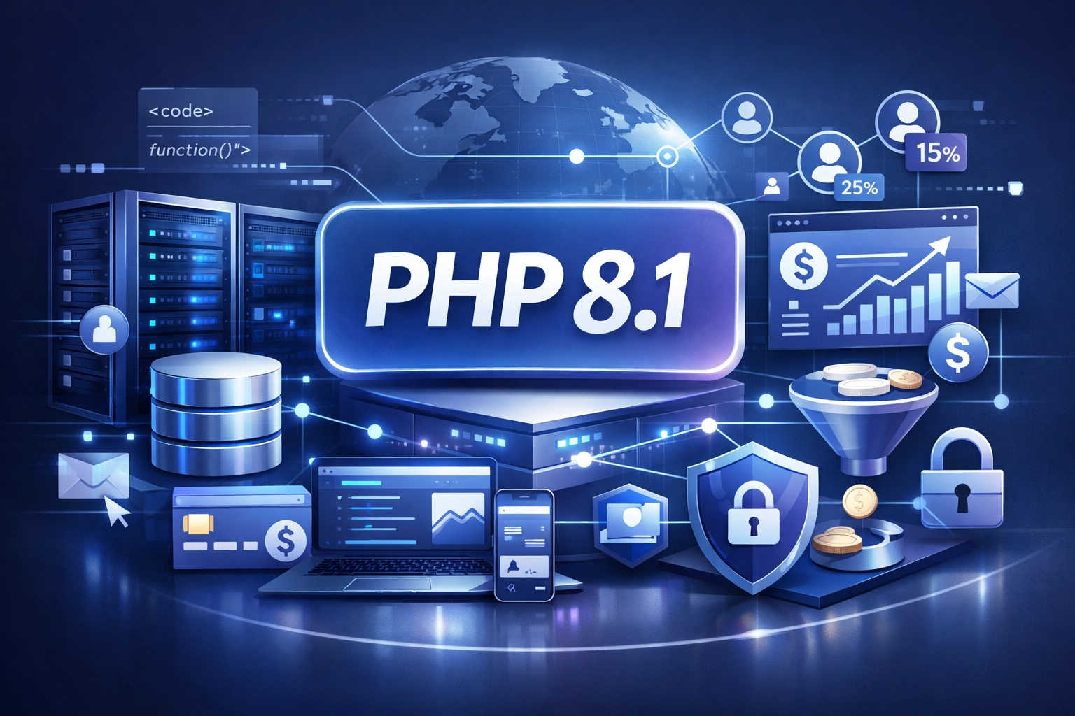 PHP 8.1 technology stack visualization with affiliate software concept