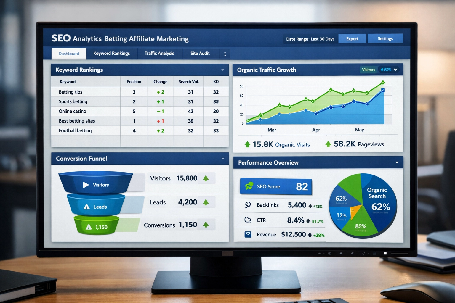 Tableau de bord d'analytique SEO montrant les positions de mots-clés, la croissance du trafic et les indicateurs de performance pour le contenu affilié de paris