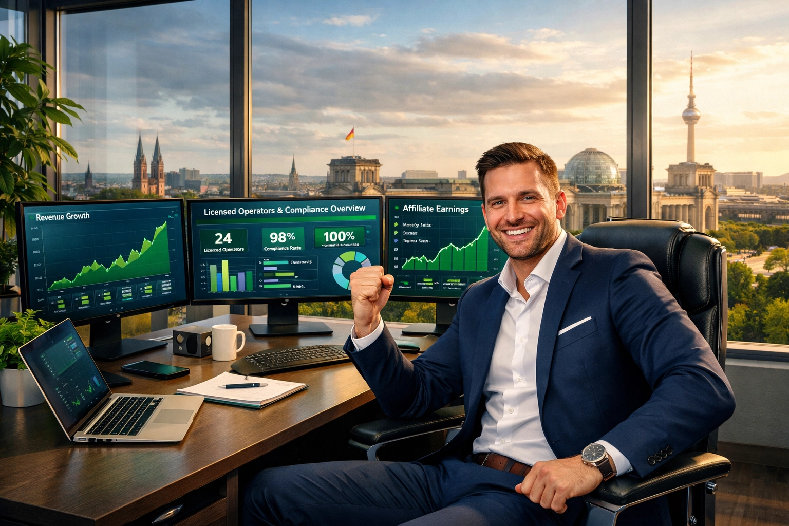 Affilié à succès célébrant la conformité avec des graphiques de croissance et un tableau de bord opérateurs agréés