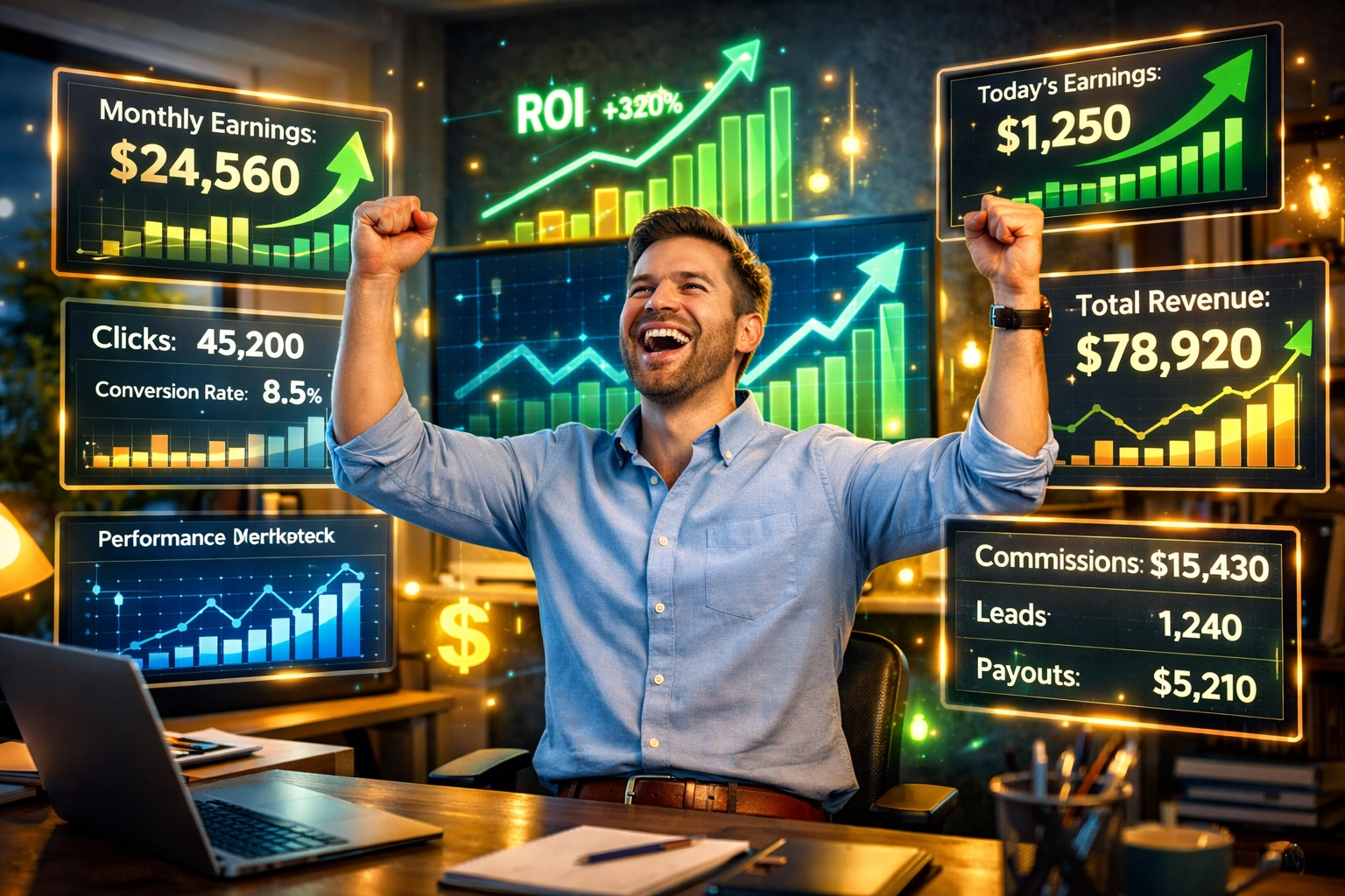 Marketeur affilié célébrant le succès avec des métriques de croissance et tableaux de bord analytiques