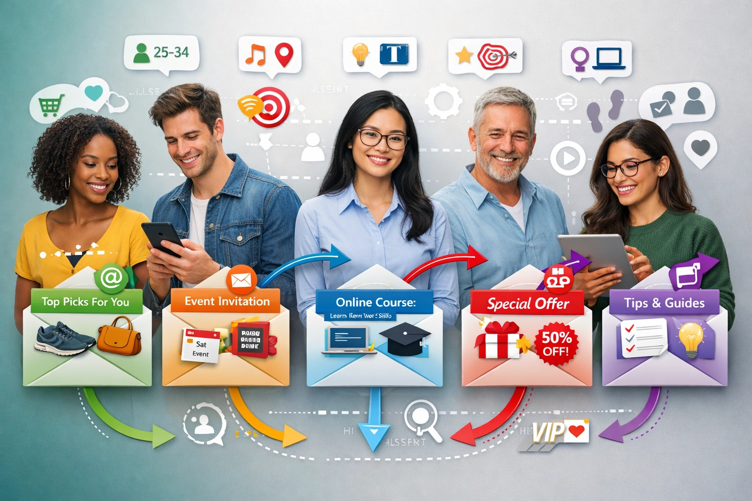 Visualisation de la segmentation et personnalisation des emails montrant un ciblage d’audience diversifié