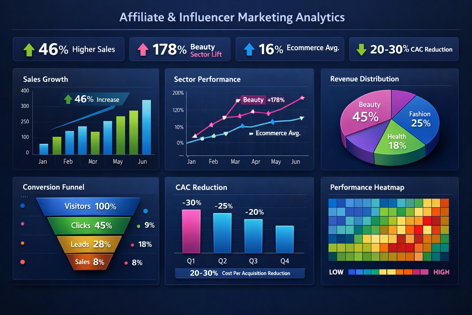 Tableau de bord des performances montrant 46 % de ventes supplémentaires et des analyses de ROI