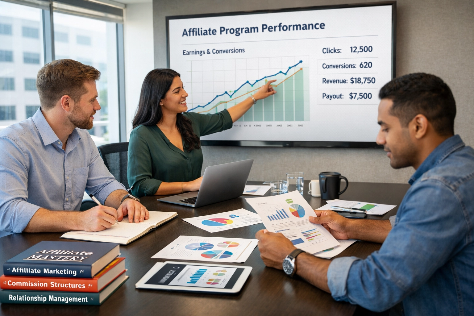 Équipe de professionnels du marketing d’affiliation collaborant sur la stratégie et l’analyse de performance