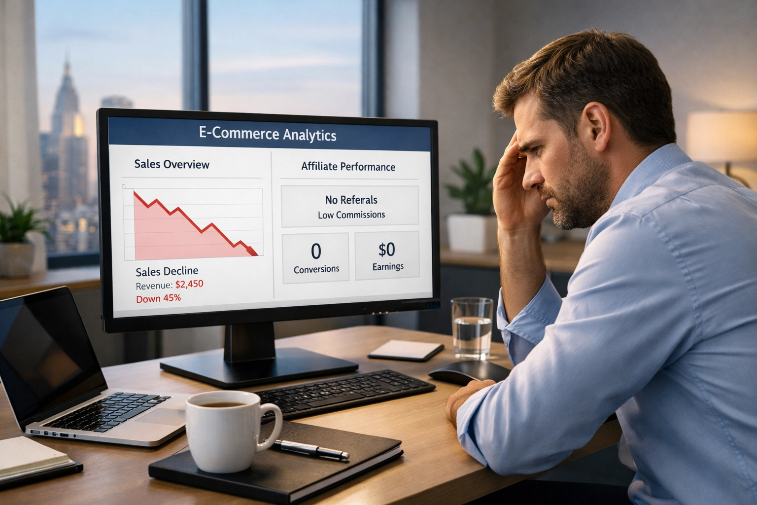 Propriétaire de boutique e-commerce frustré analysant de faibles métriques d’activité affiliée sur un tableau de bord
