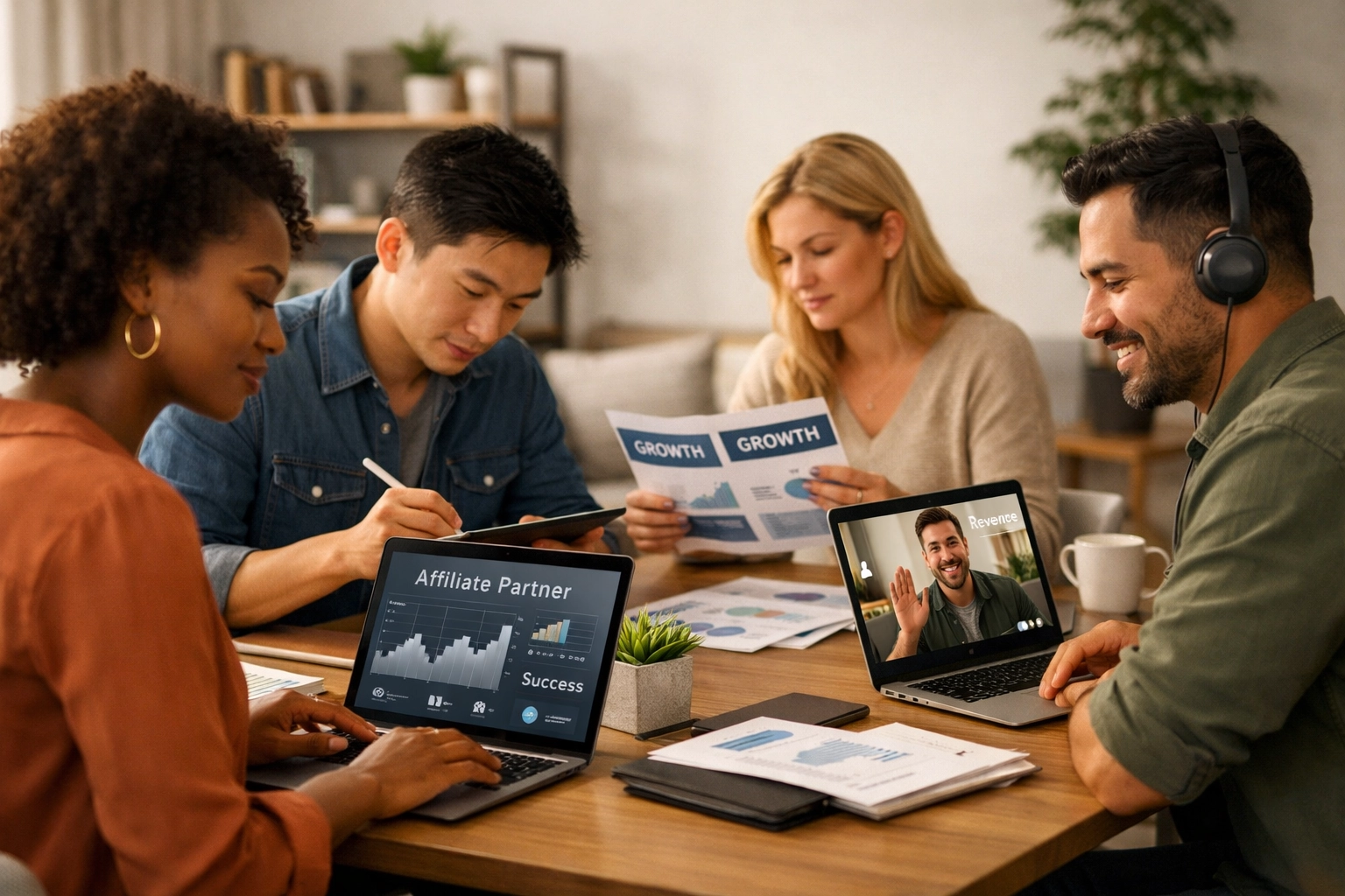 Des partenaires affiliés diversifiés travaillant sur leur entreprise indépendante dans un espace de travail collaboratif moderne