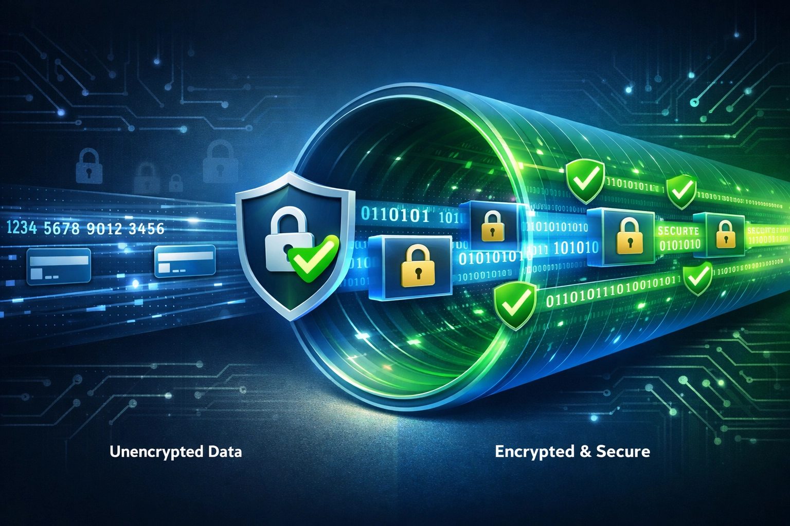 Visualisation de la sécurité des paiements et du chiffrement montrant la transmission sécurisée des données
