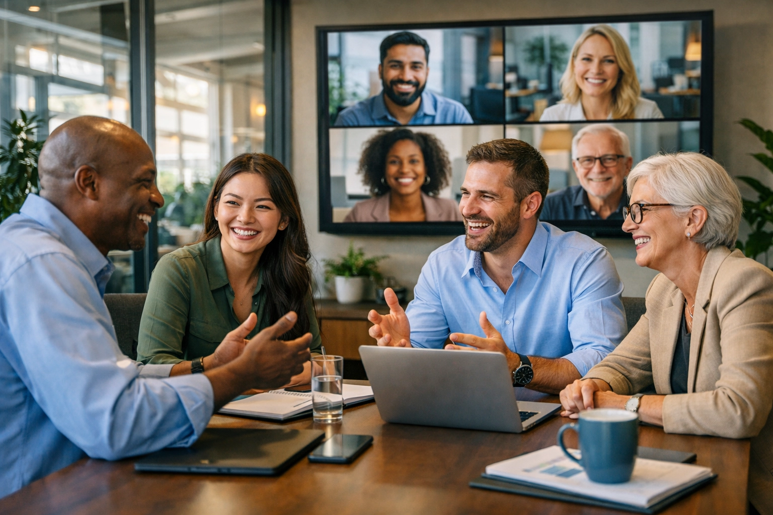 Groupe de professionnels divers collaborant en réunion hybride dans un esprit d’équipe et de communauté