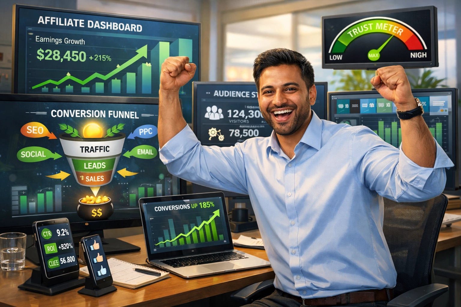 Marketeur affilié à succès avec des métriques de trafic et de confiance en croissance