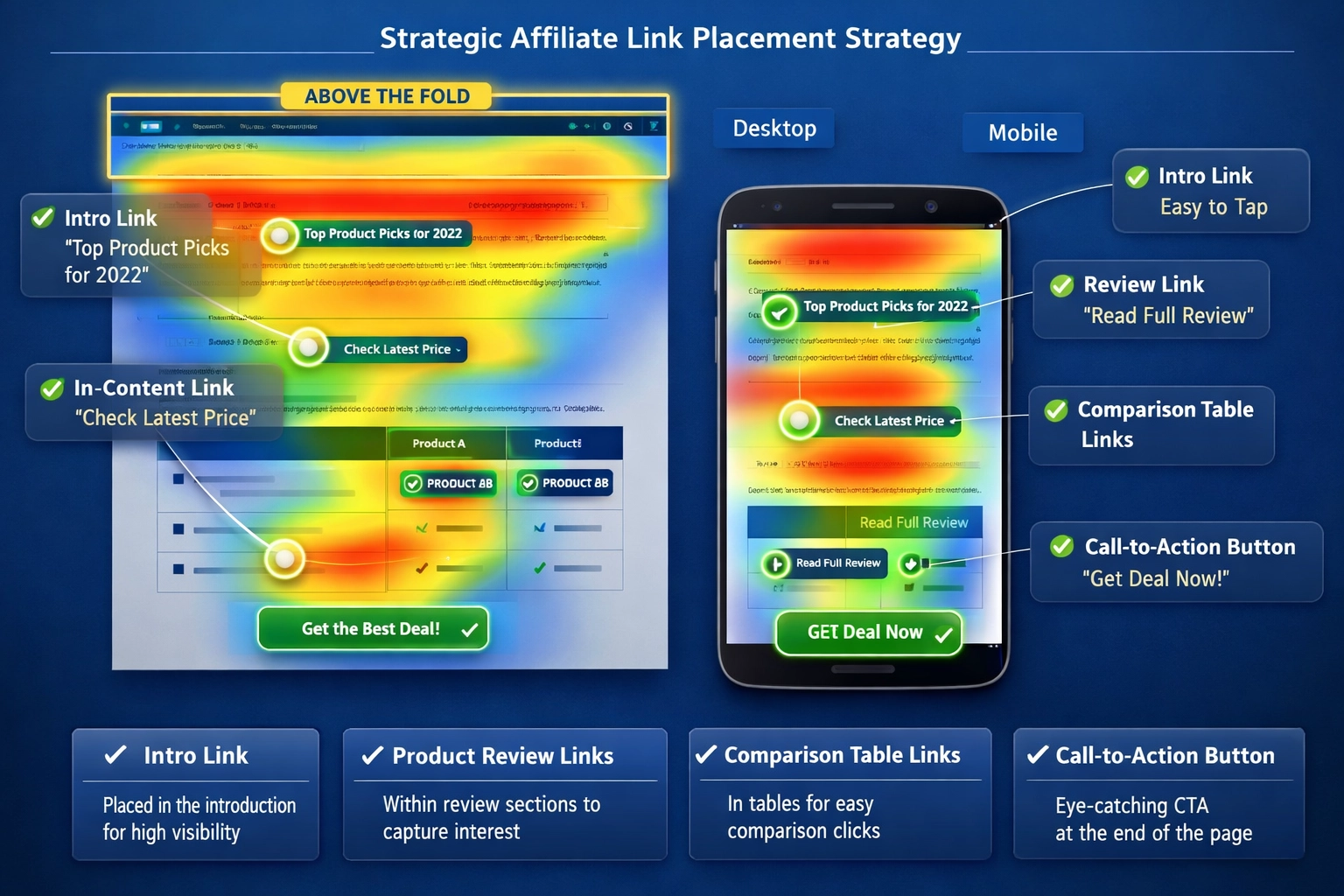 Visualisation de la mise en page d’une page web montrant le placement stratégique des liens d’affiliation, avec carte thermique indiquant les zones optimales pour desktop et mobile