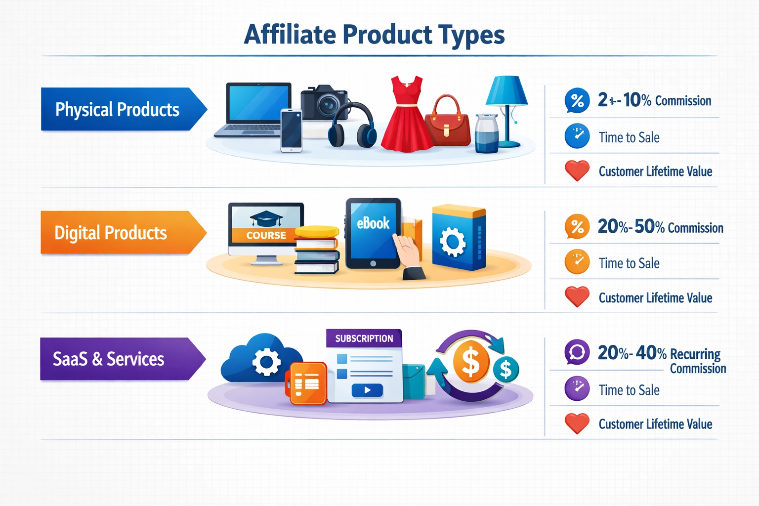 Comparaison des types de produits d'affiliation montrant taux de commission et potentiel de gains