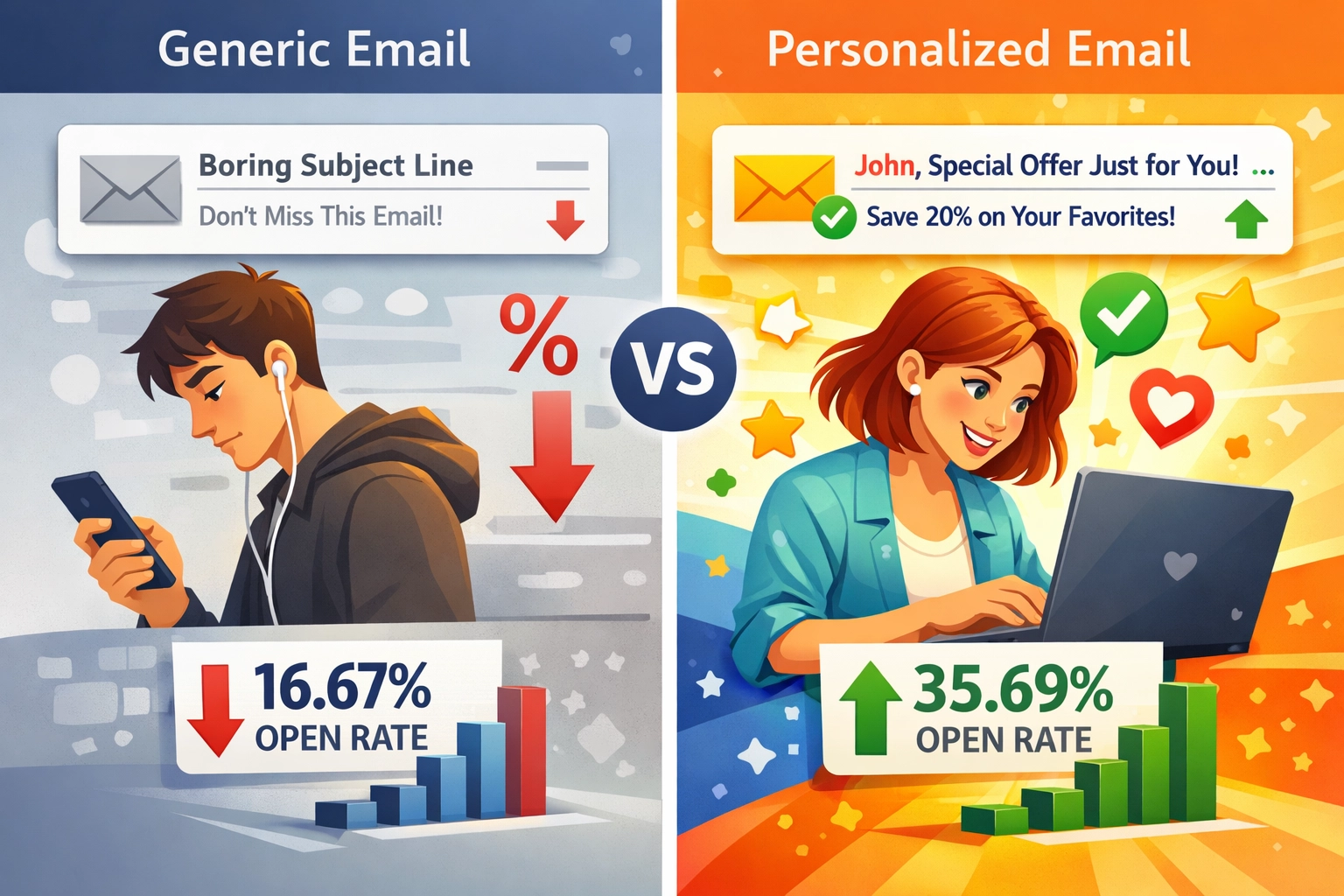 Comparison of personalized vs generic email subject lines and their open rates