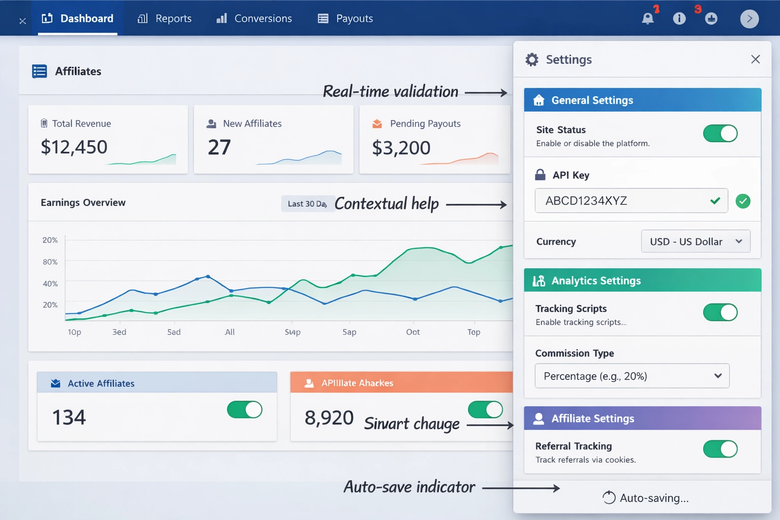 Panneau de configuration moderne en page avec contrôles intégrés et retour en temps réel
