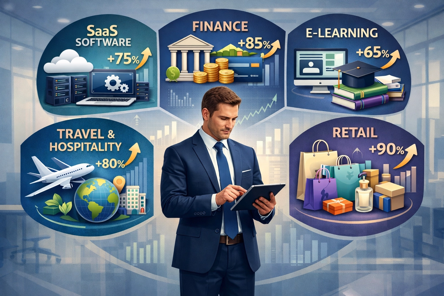 Secteurs d'activité divers montrant les niches SaaS, Finance, E-learning, Voyage, et Santé & Bien-être avec indicateurs de croissance