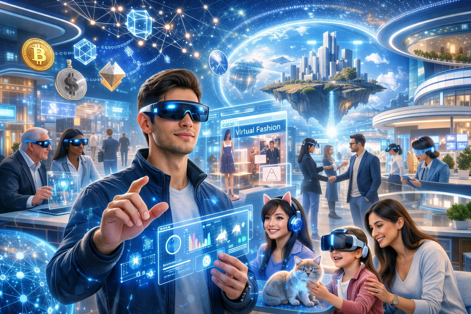 Future vision of metaverse showing seamless integration between physical and digital worlds with AR glasses and holographic interfaces