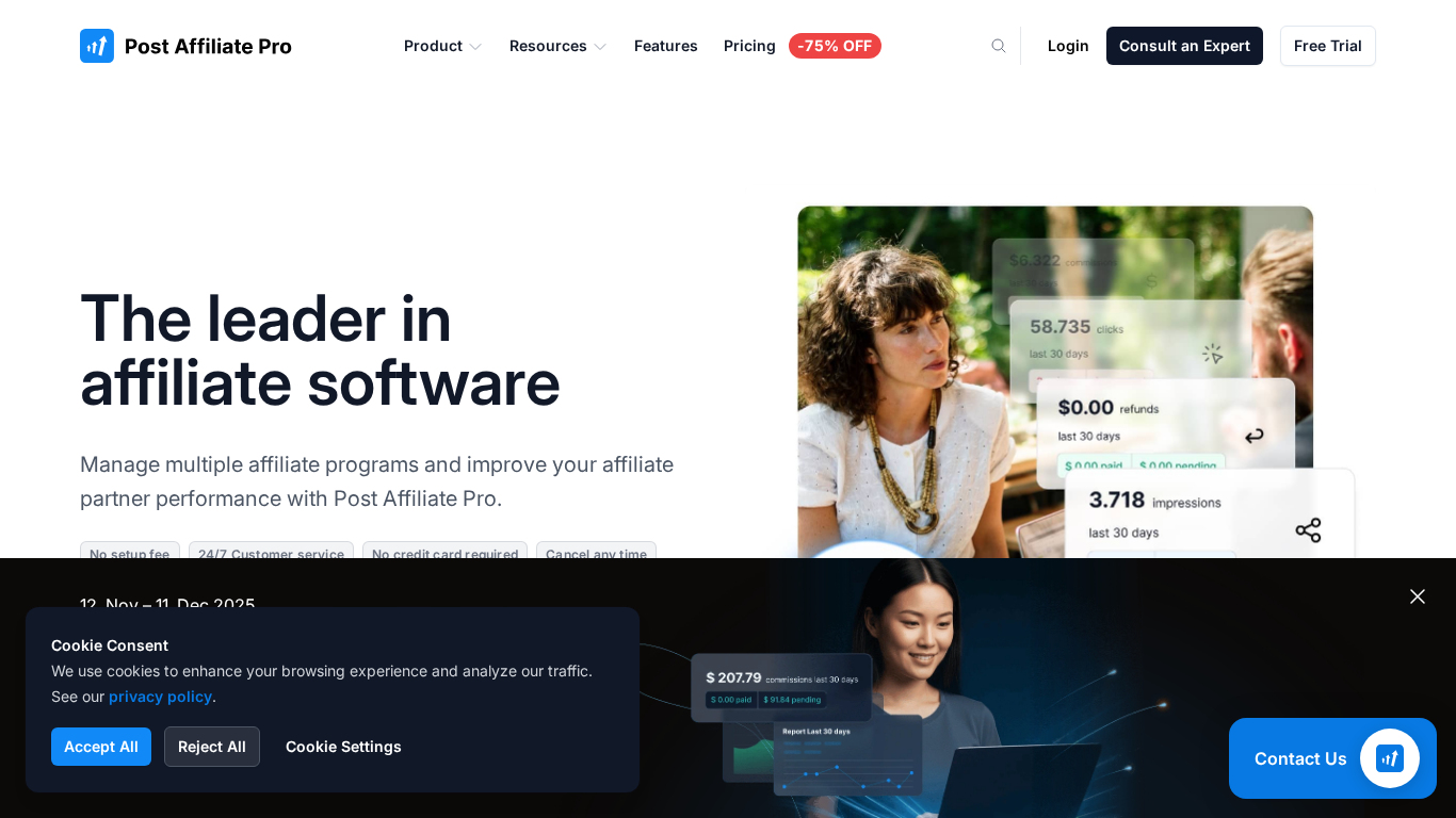 Interface du tableau de bord Post Affiliate Pro