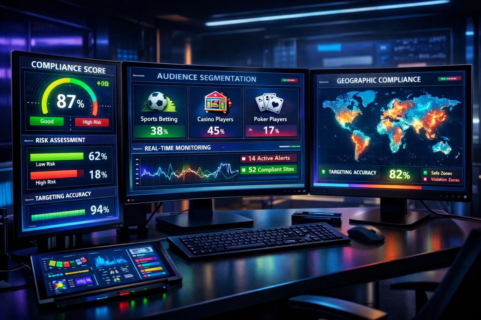 Tableau de bord analytique affichant les indicateurs de conformité et la segmentation d’audience pour le marketing d’affiliation dans les jeux d’argent