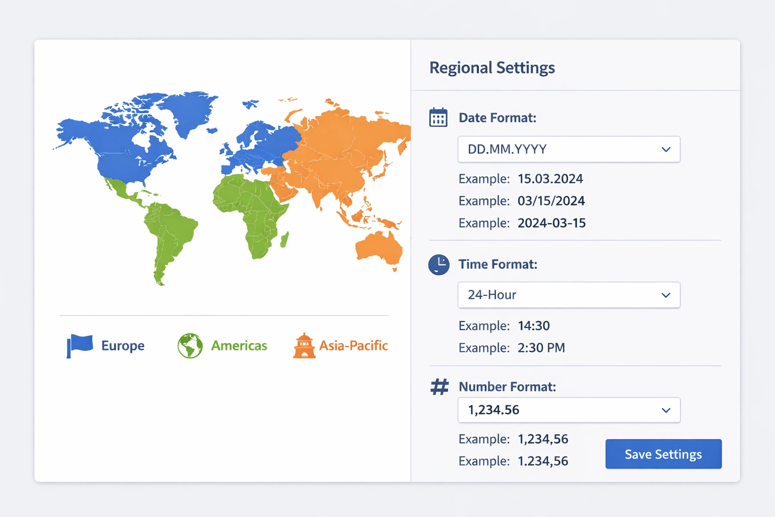 Panneau de configuration des paramètres régionaux avec carte du monde et exemples de formats de date