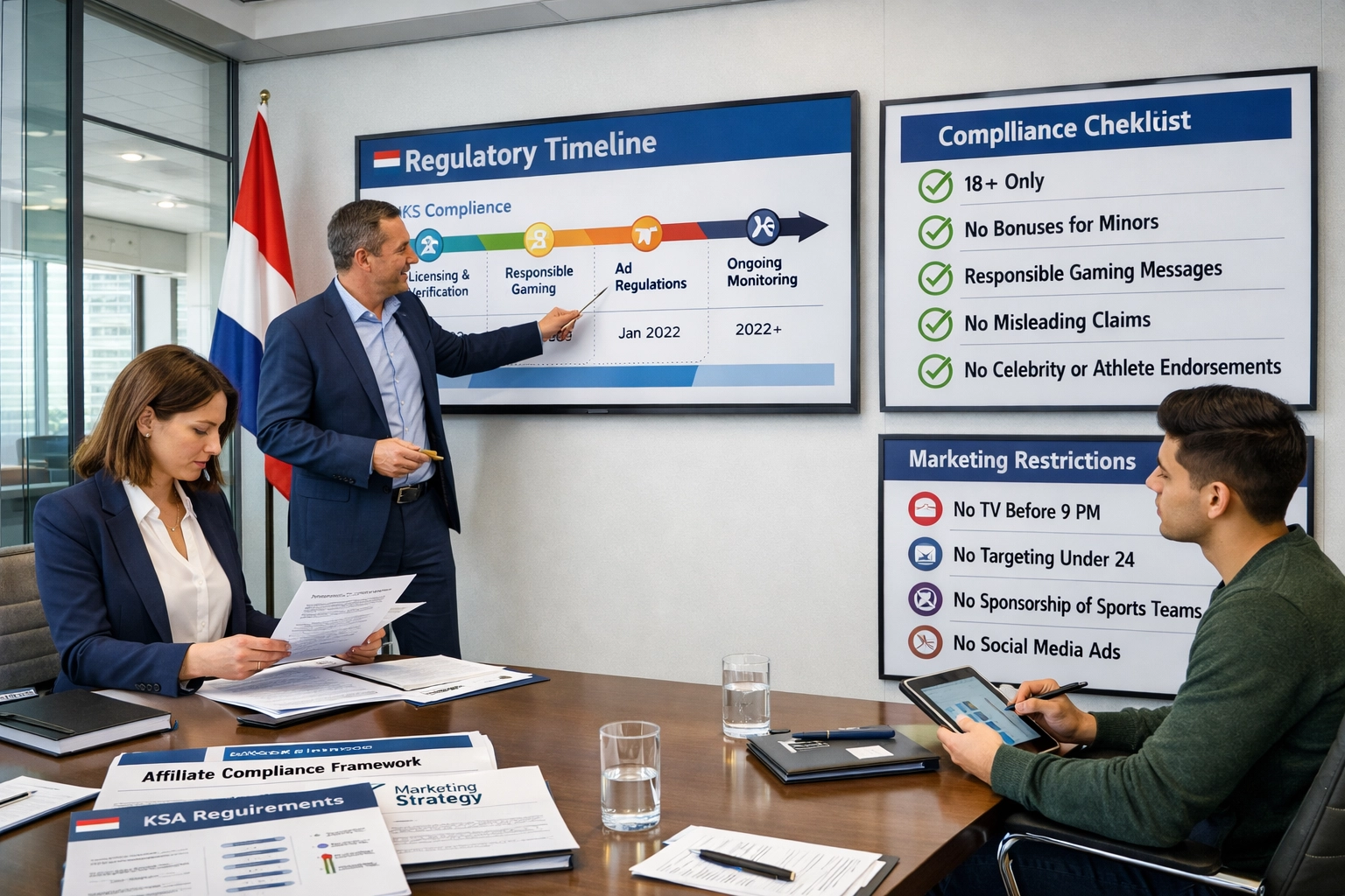 Équipe de professionnels du marketing collaborant sur une stratégie de conformité pour les jeux d'argent aux Pays-Bas dans un bureau moderne