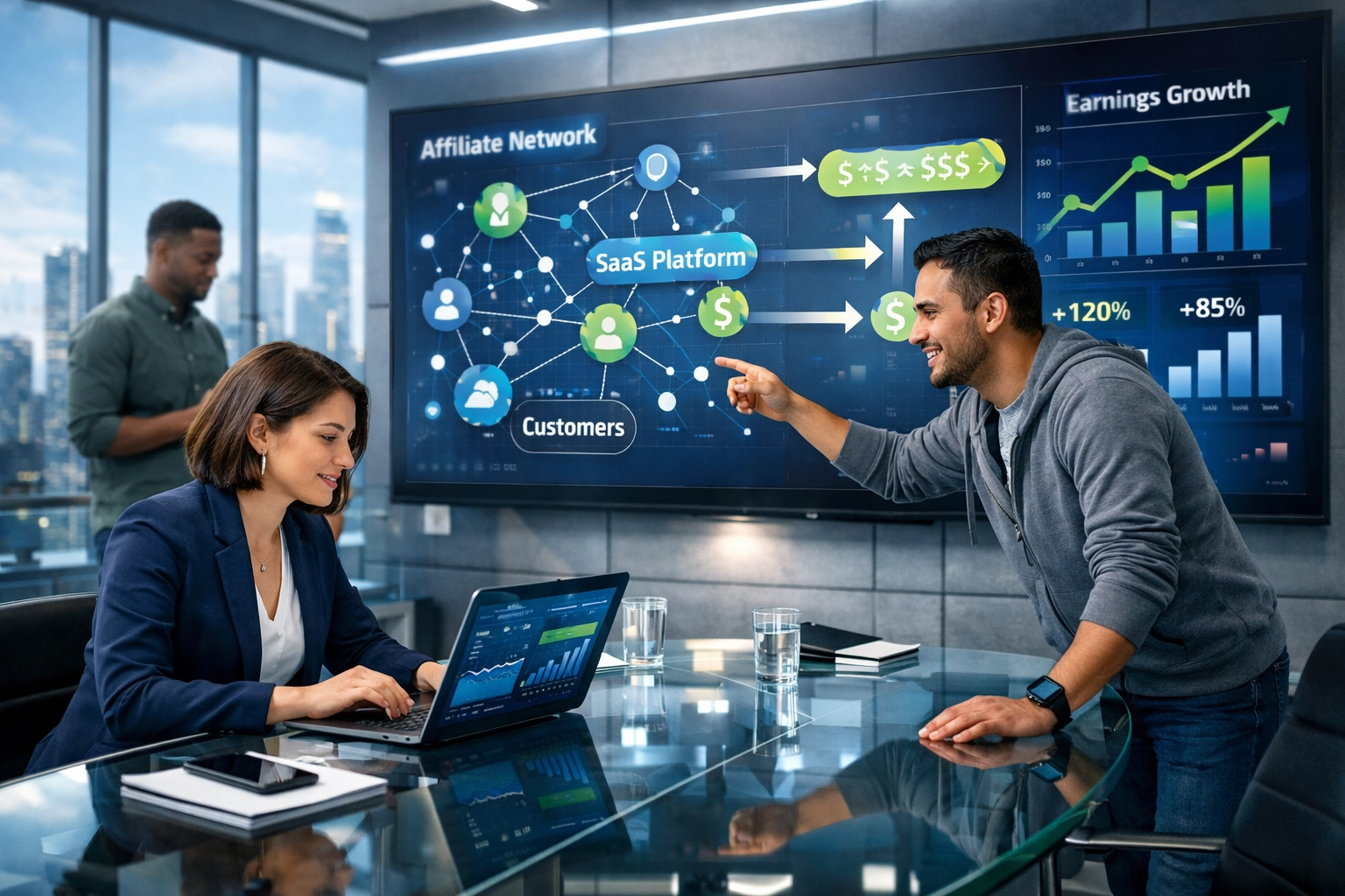 Équipe professionnelle d’affiliation SaaS collaborant devant un tableau d’analyse