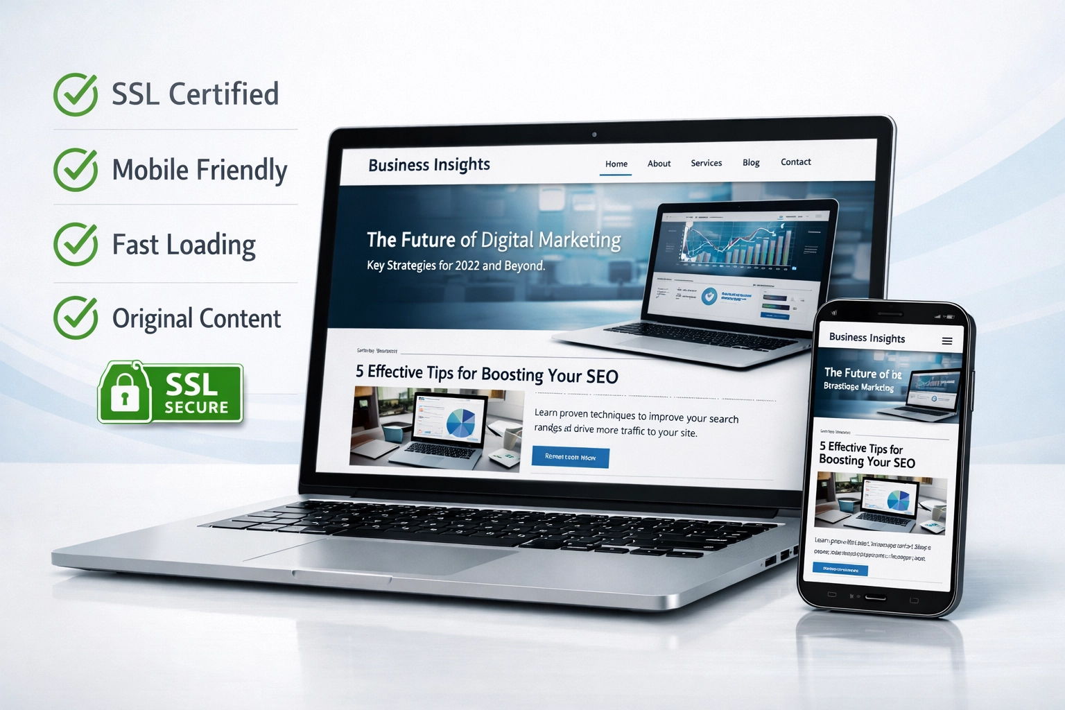 Vérification de la qualité du site web montrant le badge SSL, la compatibilité mobile et des indicateurs de qualité du contenu
