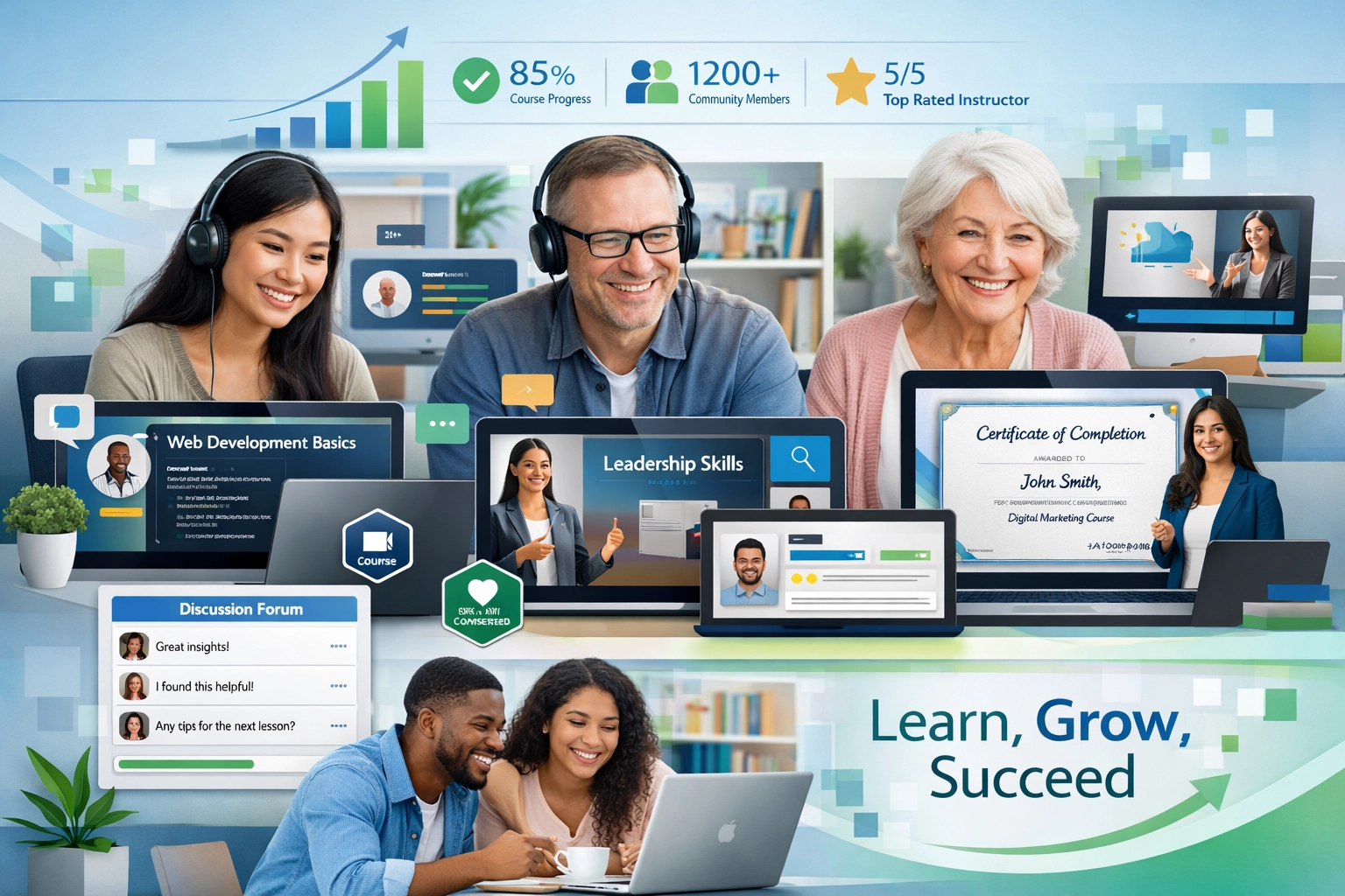 Plateforme d'apprentissage en ligne moderne avec apprenants et contenus variés