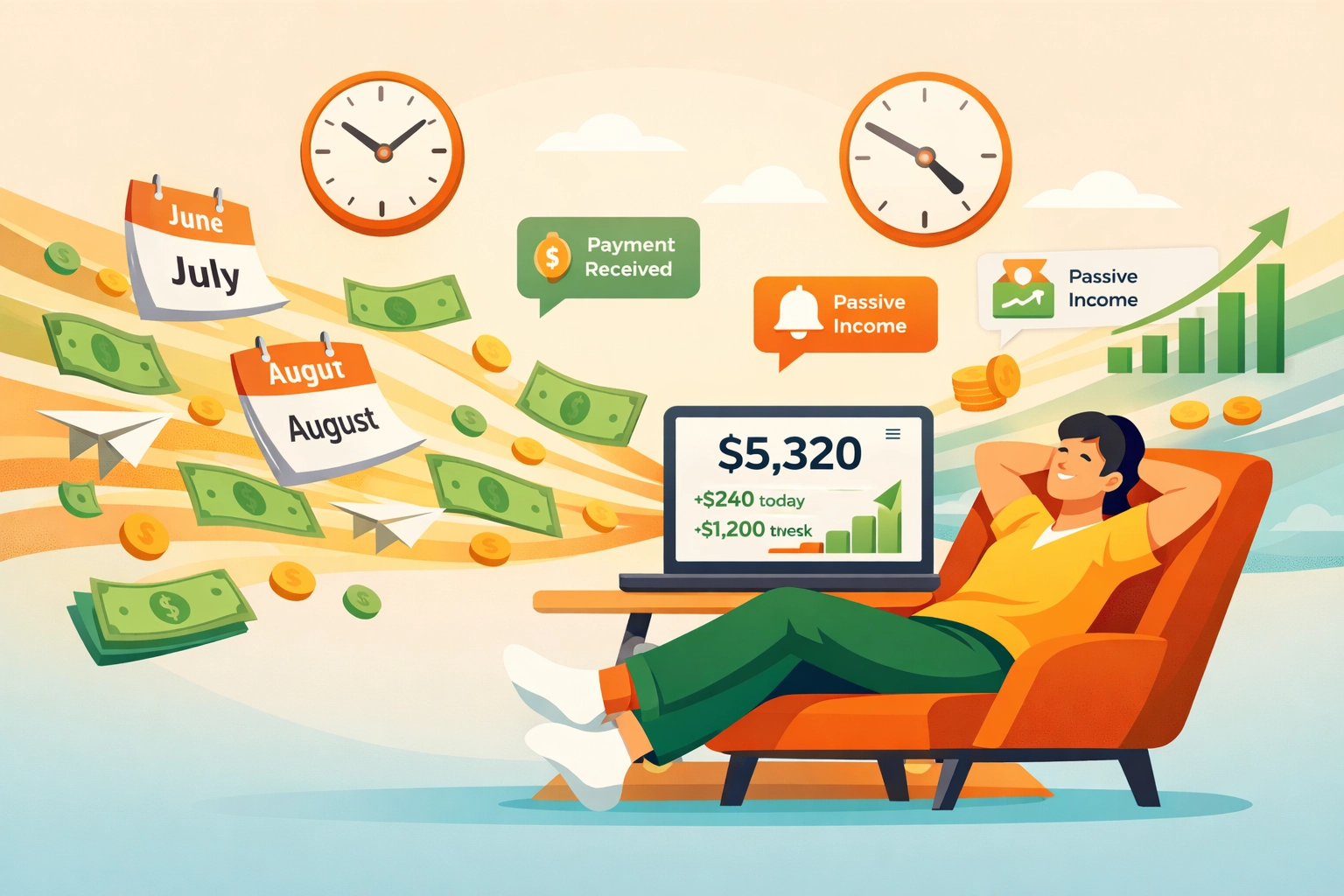 Personne se relaxant pendant que des revenus passifs affluent de multiples sources