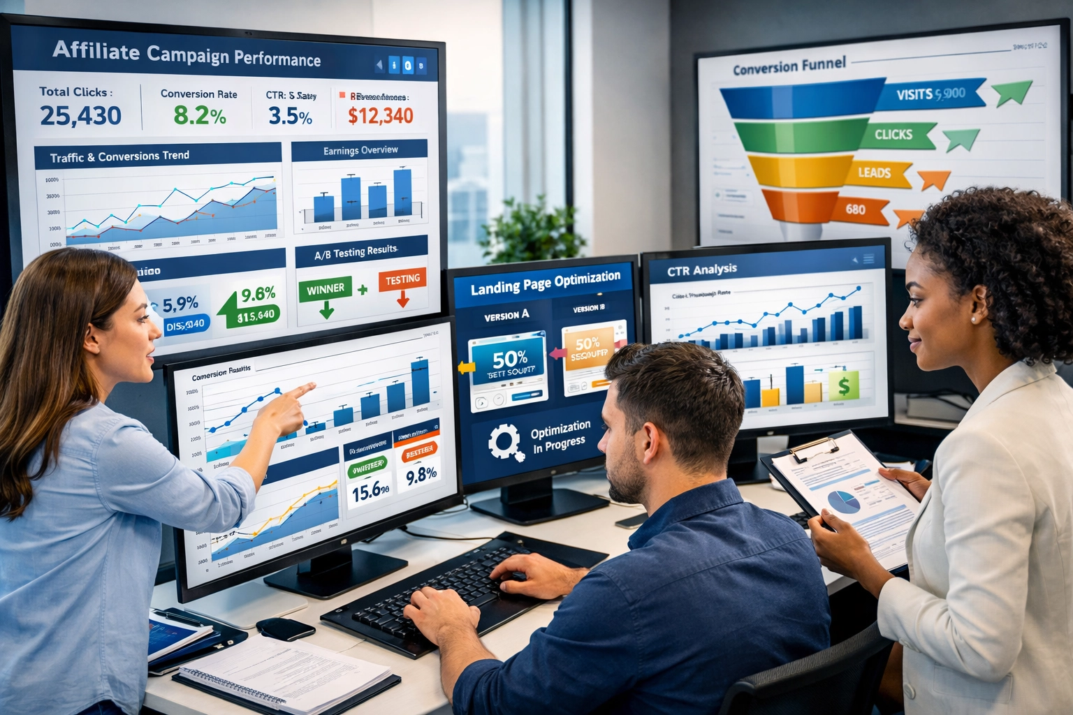 Tableau d'analytics montrant les performances d'une campagne d'affiliation avec une équipe analysant les données