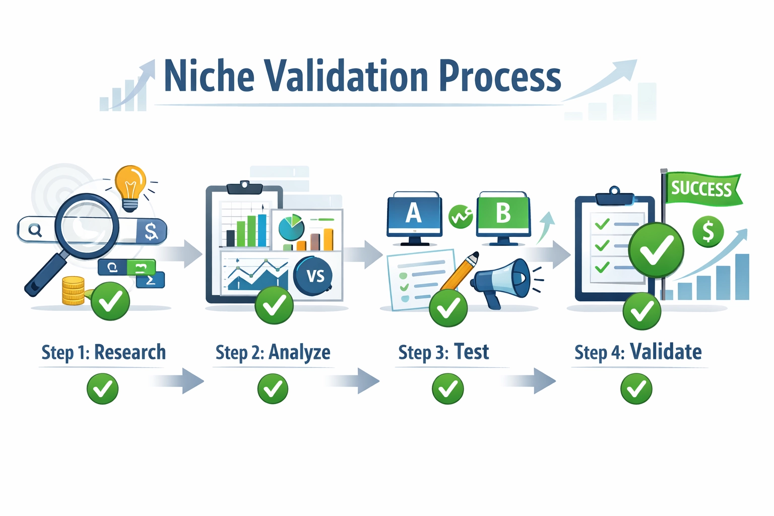 Organigramme du processus de validation de niche montrant les étapes systématiques : Recherche, Analyse, Test et Validation