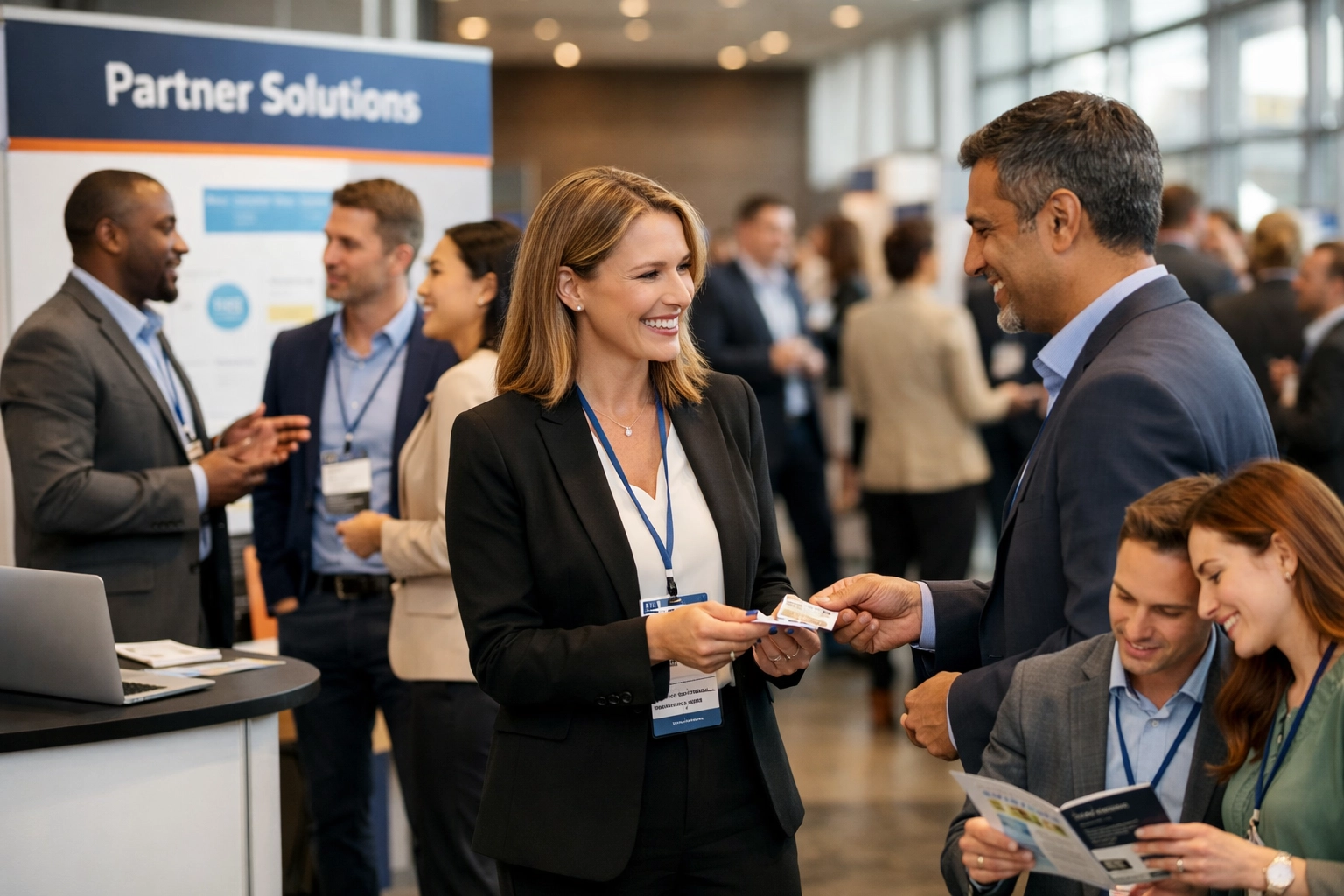 Business professionals networking at industry conference exchanging business cards and discussing partnerships
