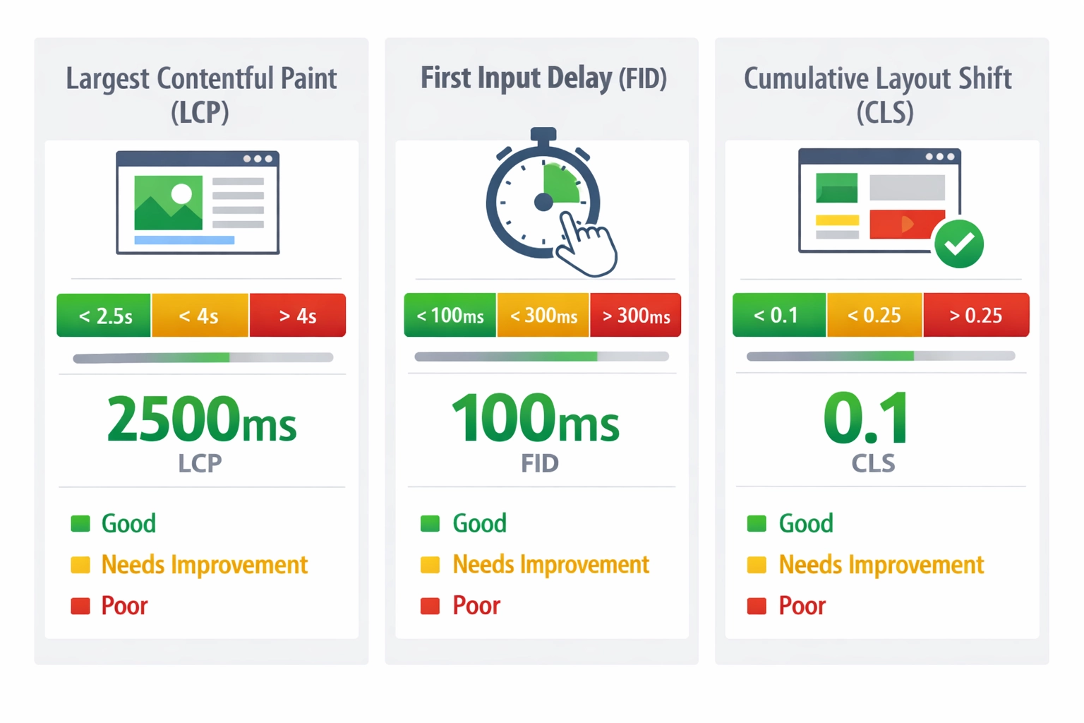 Visualisation des Core Web Vitals montrant les seuils LCP, FID et CLS