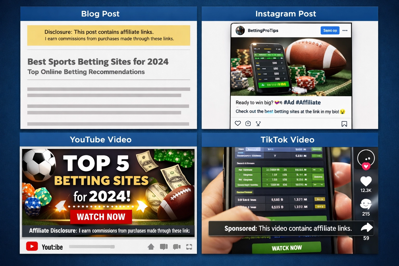 Exemples de divulgation d'affiliation sur blog, Instagram, YouTube et TikTok