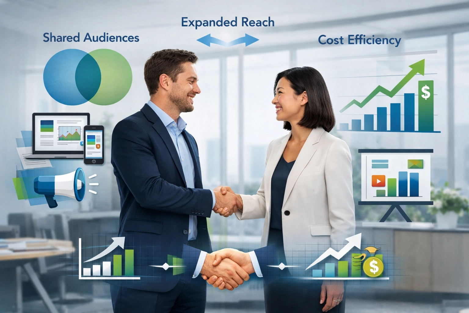 Illustration d'un partenariat de co-marketing montrant des audiences partagées et une portée élargie