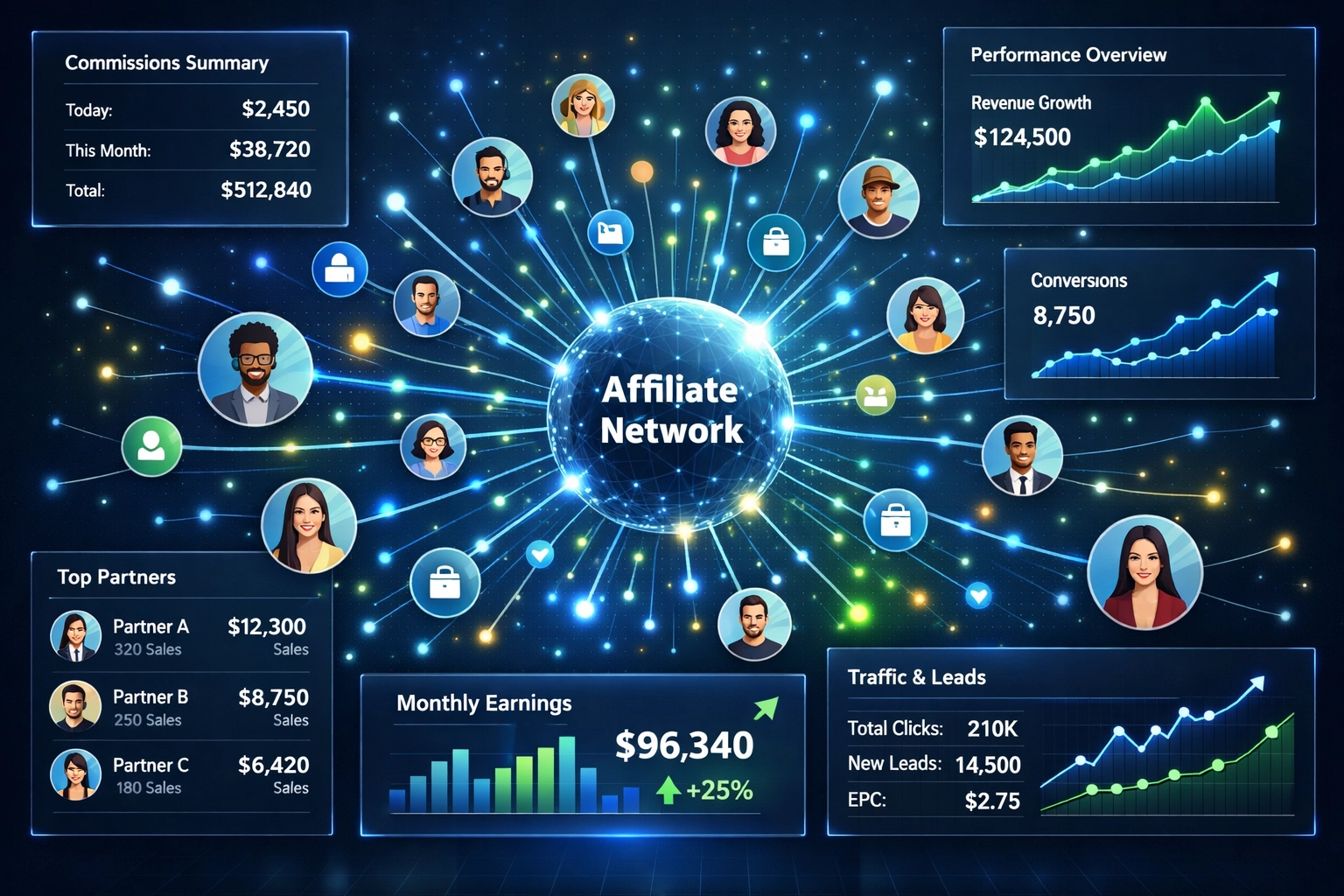 Tableau de bord professionnel d’un réseau d’affiliation montrant les connexions partenaires et la croissance